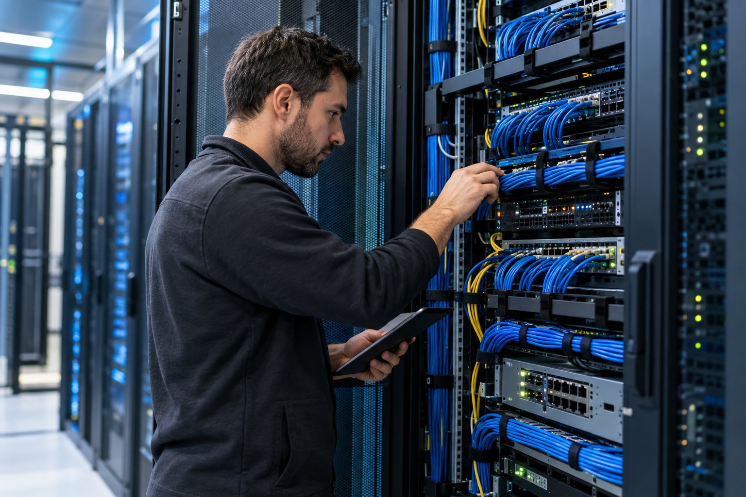 IT specialist inspecting organised network cabling and server racks