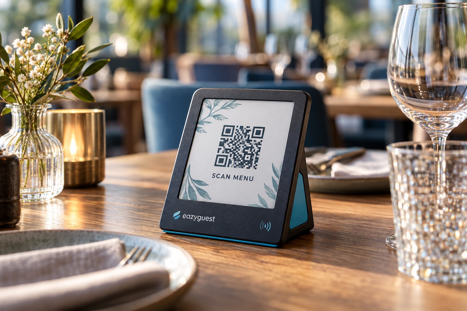 EazyGuest tabletop kiosk concept with an e-paper QR display in a restaurant
